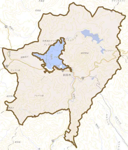 阿寒町オクルシュベとその周辺の地図。町の範囲を重ねている