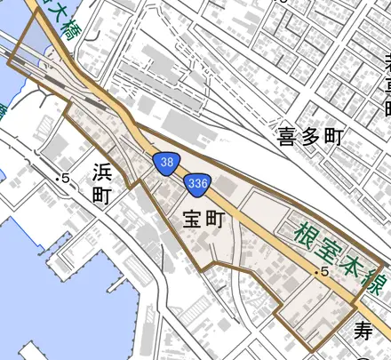 宝町とその周辺の地図。町の範囲を重ねている