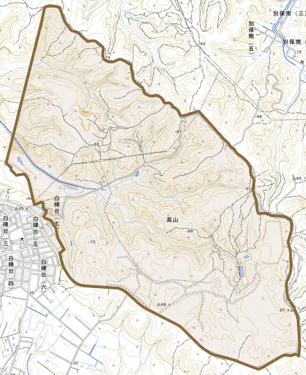 高山とその周辺の地図。町の範囲を重ねている