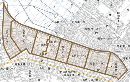 鳥取北とその周辺の地図。町の範囲を重ねている