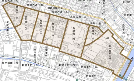 鳥取南とその周辺の地図。町の範囲を重ねている