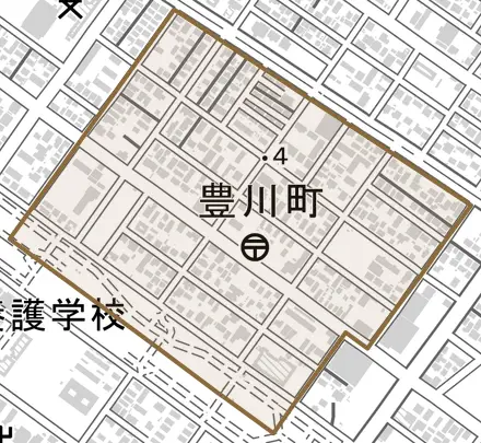 豊川町とその周辺の地図。町の範囲を重ねている