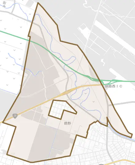 鶴野とその周辺の地図。町の範囲を重ねている