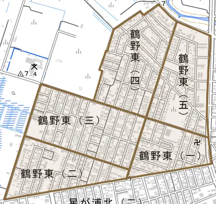 鶴野東とその周辺の地図。町の範囲を重ねている