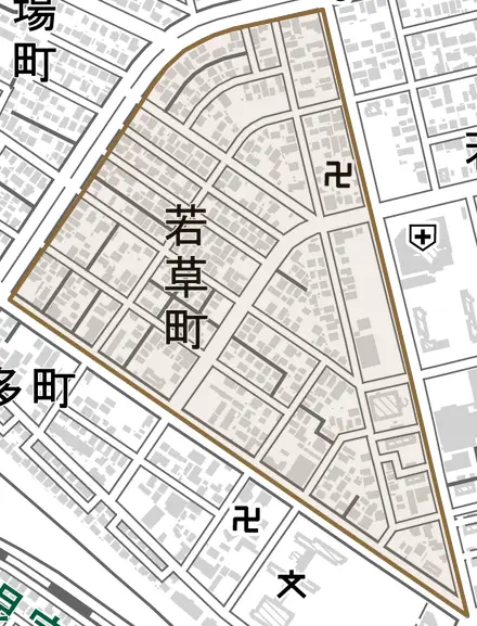 若草町とその周辺の地図。町の範囲を重ねている