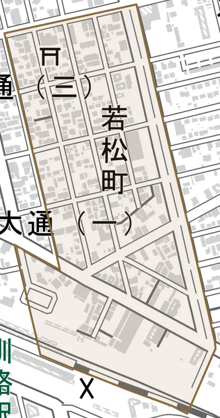 若松町とその周辺の地図。町の範囲を重ねている
