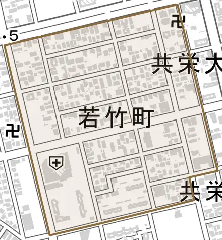 若竹町とその周辺の地図。町の範囲を重ねている