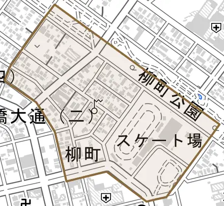 柳町とその周辺の地図。町の範囲を重ねている