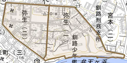 弥生とその周辺の地図。町の範囲を重ねている