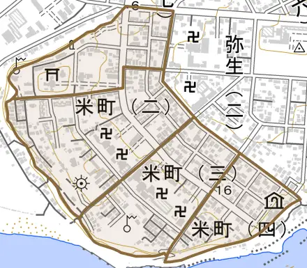 米町とその周辺の地図。町の範囲を重ねている