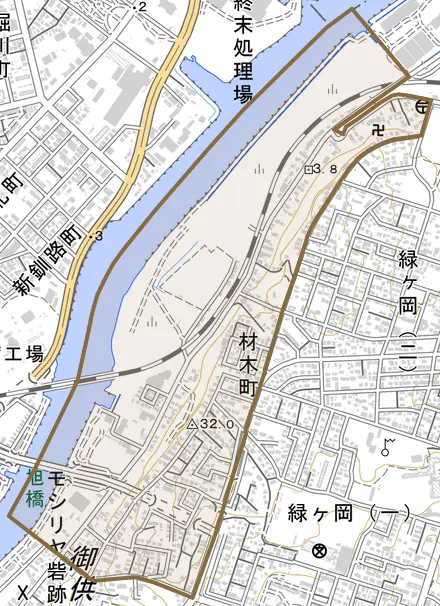 材木町とその周辺の地図。町の範囲を重ねている