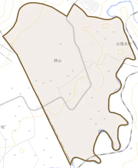 字樺山とその周辺の地図。町の範囲を重ねている