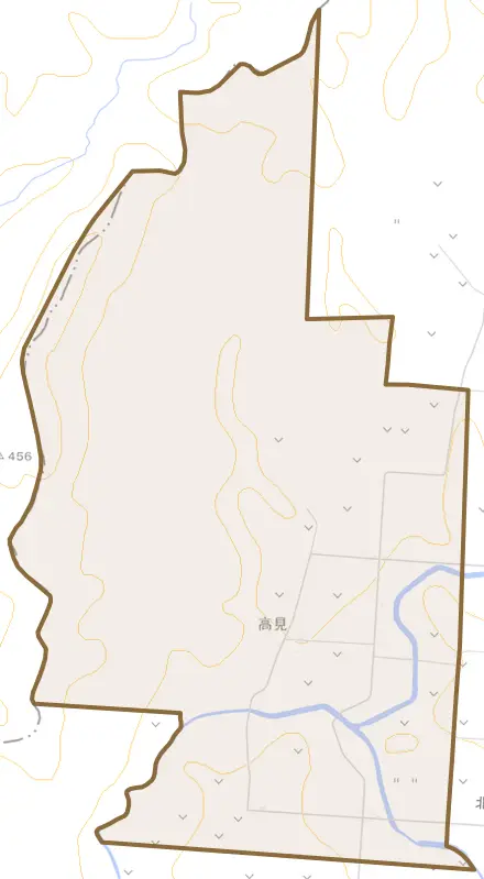 字高見とその周辺の地図。町の範囲を重ねている
