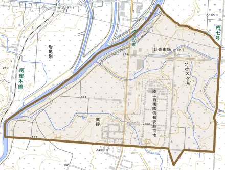 字高砂とその周辺の地図。町の範囲を重ねている