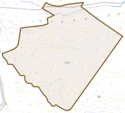 字大富とその周辺の地図。町の範囲を重ねている