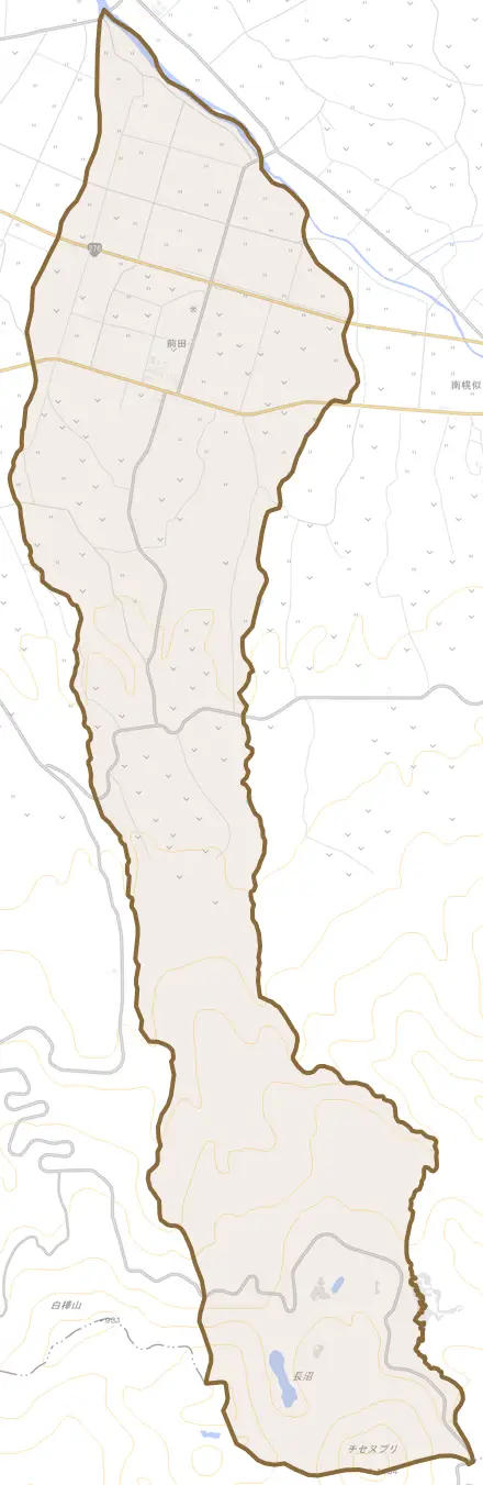 前田とその周辺の地図。町の範囲を重ねている