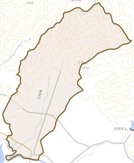 宮丘とその周辺の地図。町の範囲を重ねている