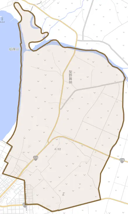 梨野舞納とその周辺の地図。町の範囲を重ねている