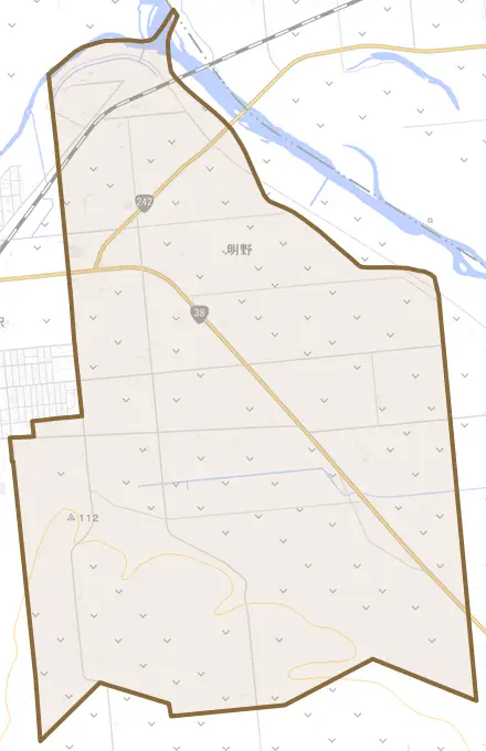 字明野とその周辺の地図。町の範囲を重ねている