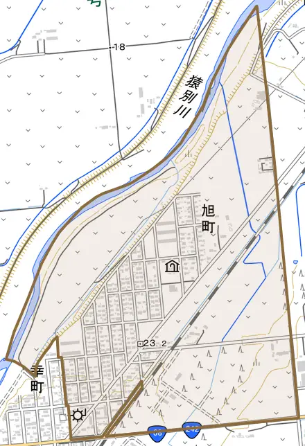 旭町とその周辺の地図。町の範囲を重ねている