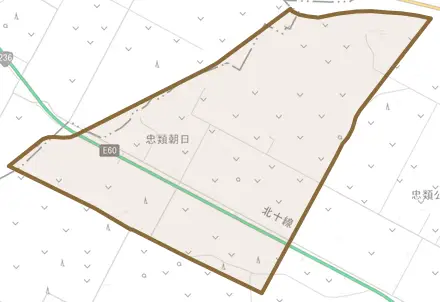 忠類朝日とその周辺の地図。町の範囲を重ねている
