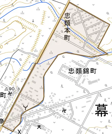 忠類本町とその周辺の地図。町の範囲を重ねている