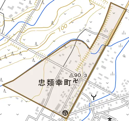 忠類幸町とその周辺の地図。町の範囲を重ねている