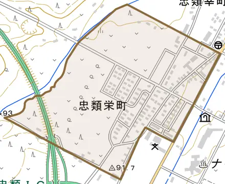 忠類栄町とその周辺の地図。町の範囲を重ねている