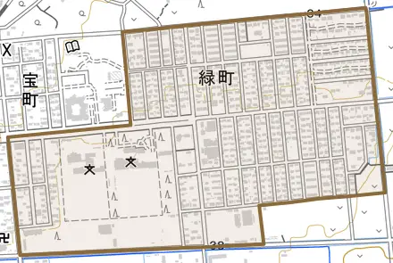 緑町とその周辺の地図。町の範囲を重ねている