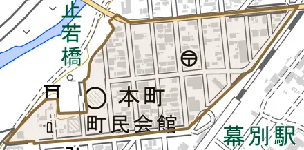 本町とその周辺の地図。町の範囲を重ねている