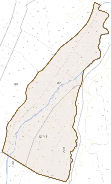 字糠内とその周辺の地図。町の範囲を重ねている