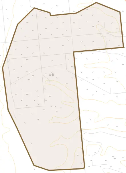 字大豊とその周辺の地図。町の範囲を重ねている