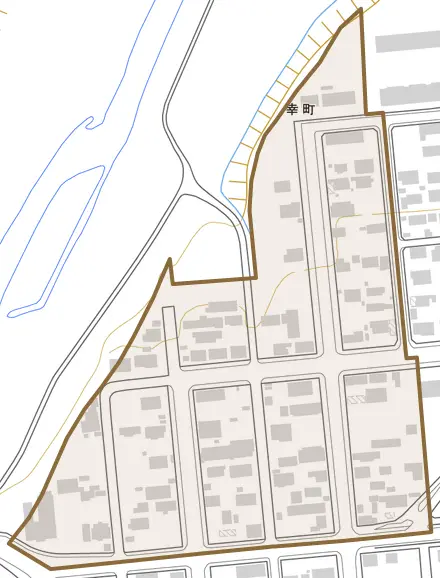 幸町とその周辺の地図。町の範囲を重ねている