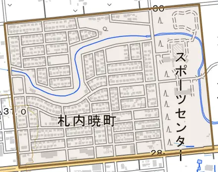 札内暁町とその周辺の地図。町の範囲を重ねている