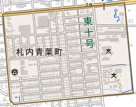 札内青葉町とその周辺の地図。町の範囲を重ねている