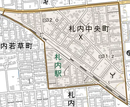 札内中央町とその周辺の地図。町の範囲を重ねている