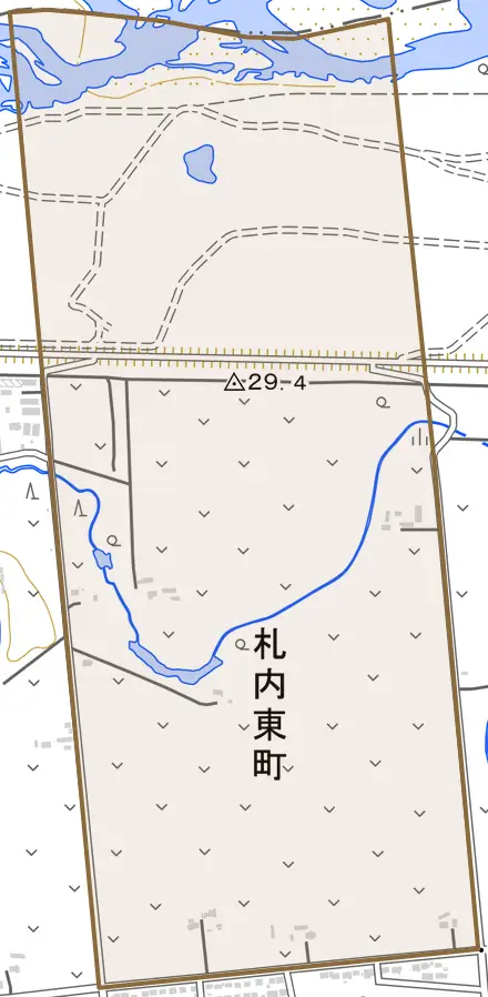 札内東町とその周辺の地図。町の範囲を重ねている