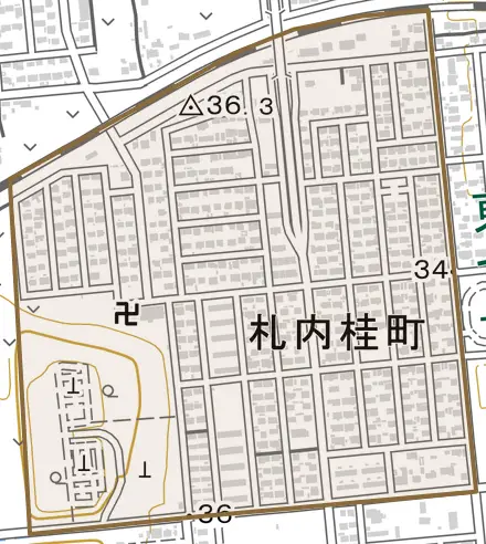 札内桂町とその周辺の地図。町の範囲を重ねている