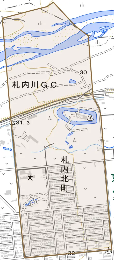札内北町とその周辺の地図。町の範囲を重ねている