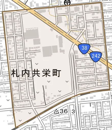 札内共栄町とその周辺の地図。町の範囲を重ねている