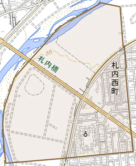 札内西町とその周辺の地図。町の範囲を重ねている