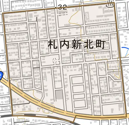 札内新北町とその周辺の地図。町の範囲を重ねている