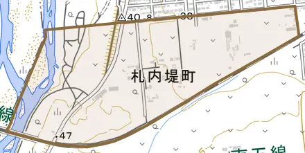 札内堤町とその周辺の地図。町の範囲を重ねている