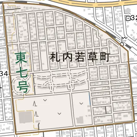札内若草町とその周辺の地図。町の範囲を重ねている