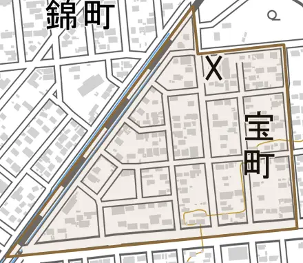 宝町とその周辺の地図。町の範囲を重ねている