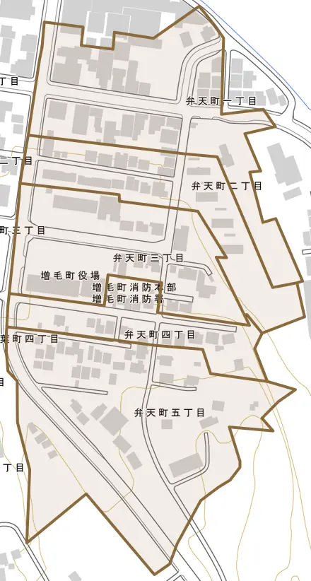 弁天町とその周辺の地図。町の範囲を重ねている