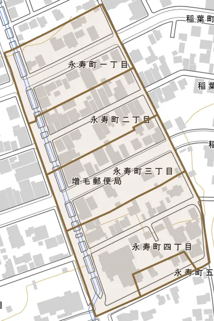 永寿町とその周辺の地図。町の範囲を重ねている