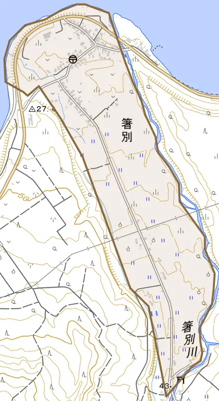 箸別とその周辺の地図。町の範囲を重ねている