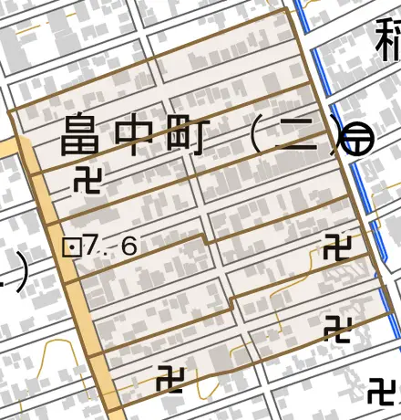 畠中町とその周辺の地図。町の範囲を重ねている