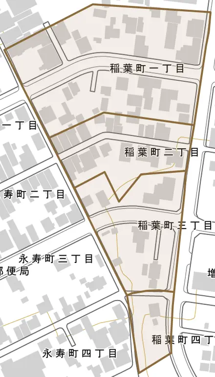 稲葉町とその周辺の地図。町の範囲を重ねている